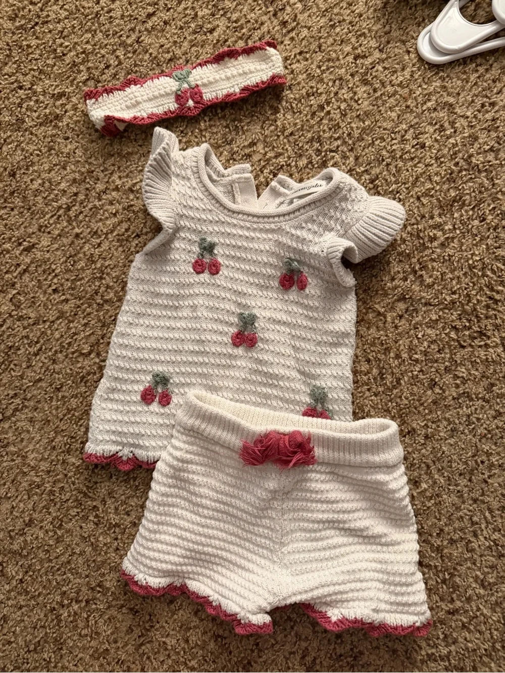 Girls 3 piece set White Knit Cherry Set with Pink Trim - Brand Unspecified